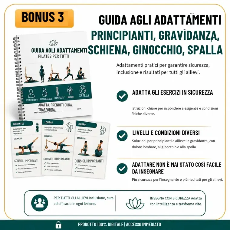 Bonus 3 — Guida agli adattamenti: principianti, gravidanza, schiena, ginocchio, spalla