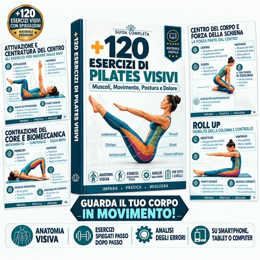 Copertina e schede della guida +120 Esercizi di Pilates Spiegati Visivamente